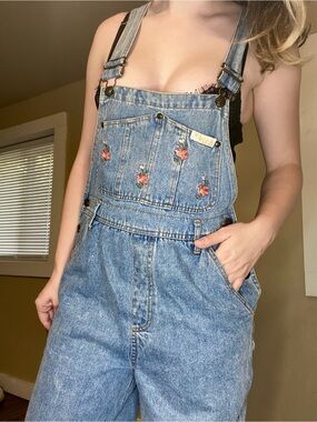 Vintage 90s Repair Floral Embroidered Denim 100% Cotton Overalls
